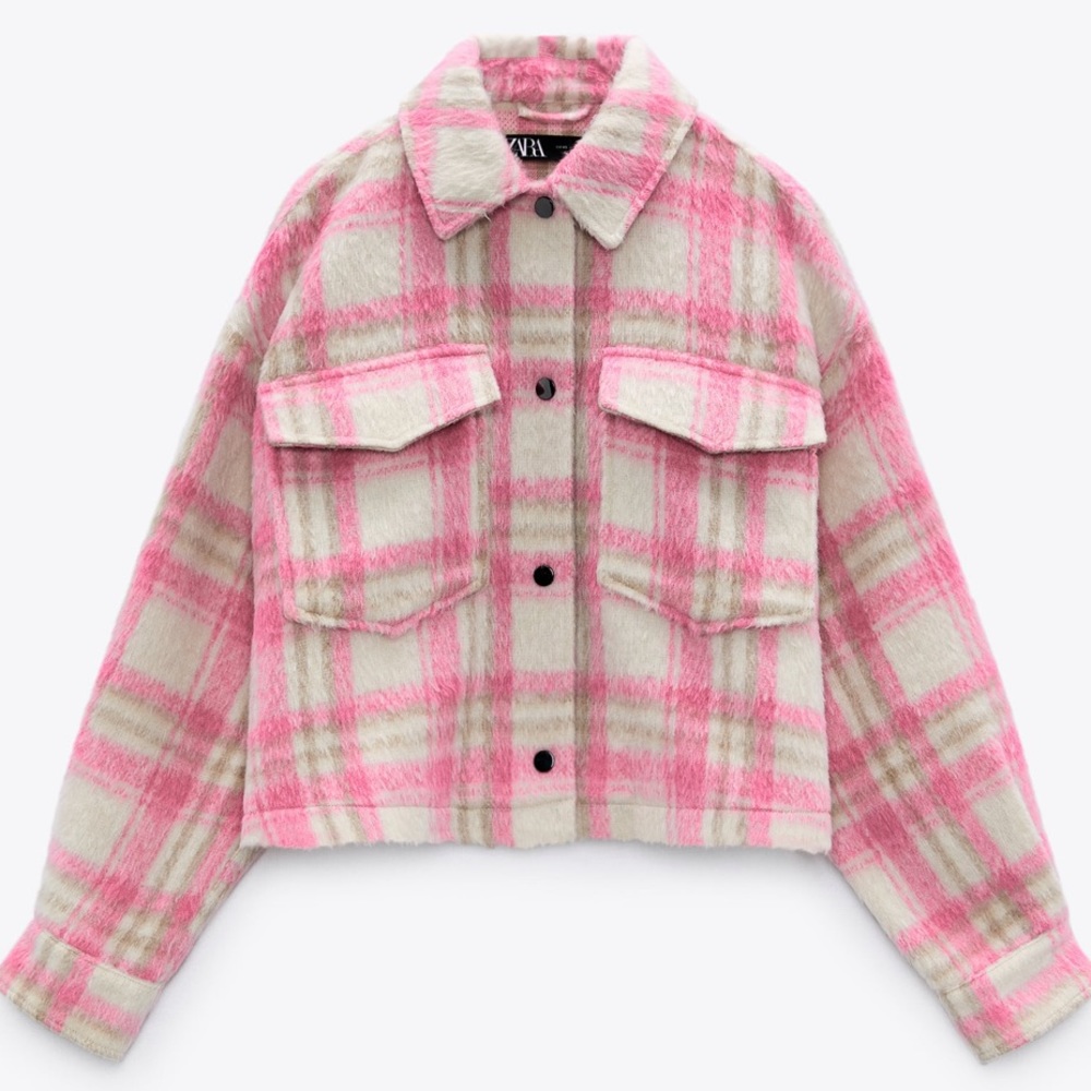 Zara Pink Plaid Cropped Shacket Overshirt